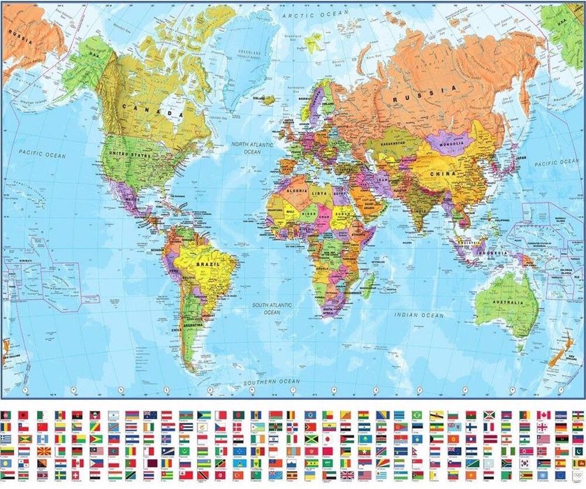 Политическая карта мира со странами с флагами государств по 2500 тенге