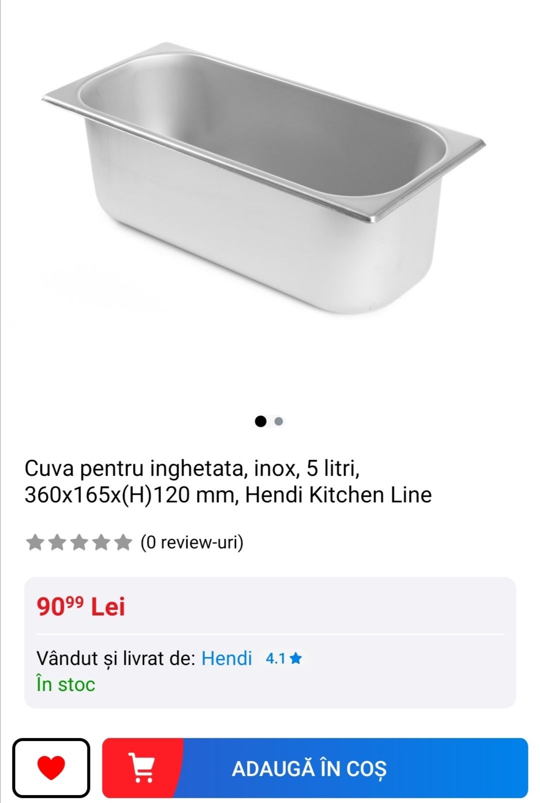 Cuva pentru inghetata, inox, 5 litri, 360x165x(H)120 mm