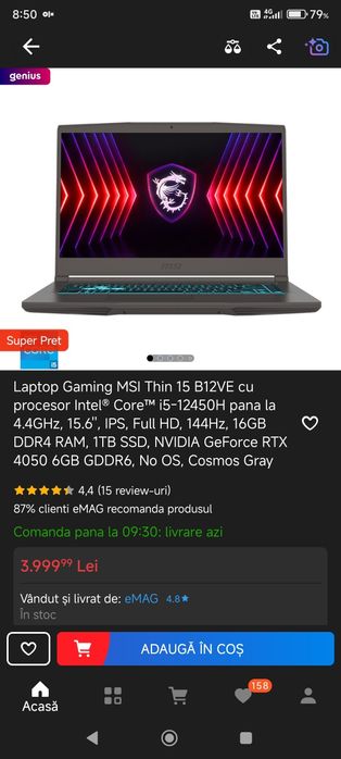 Laptop gaming msi thin i5 12450 , rtx 4050