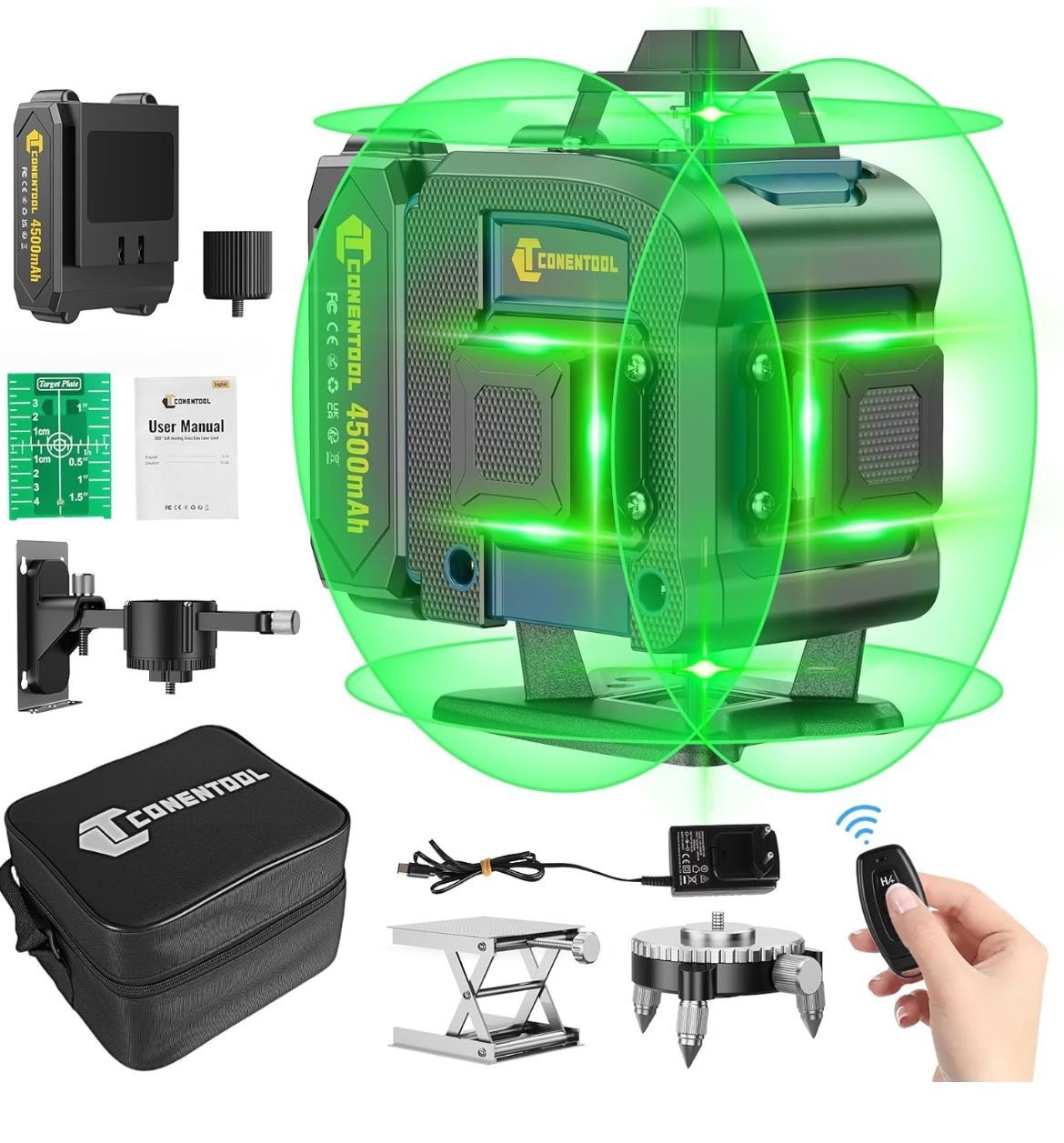 CONENTOOL Laser în cruce, 4 x 360° cu rază verde, 2 baterii 4500 mAh