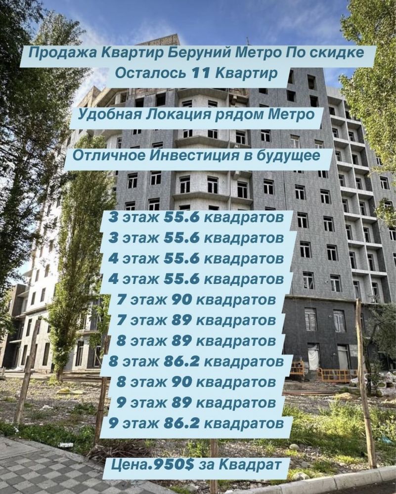 Продажа Квартир Беруний Метро По скидке  Осталось 11 Квартир