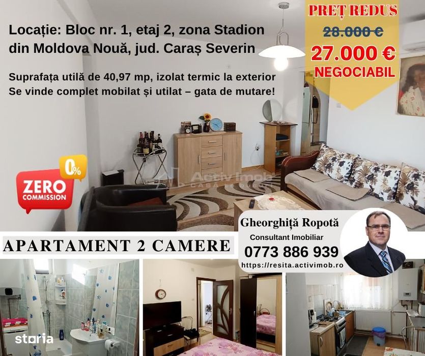 Moldova Noua, Apartament 2 cam. complet mobilat și utilat – gata