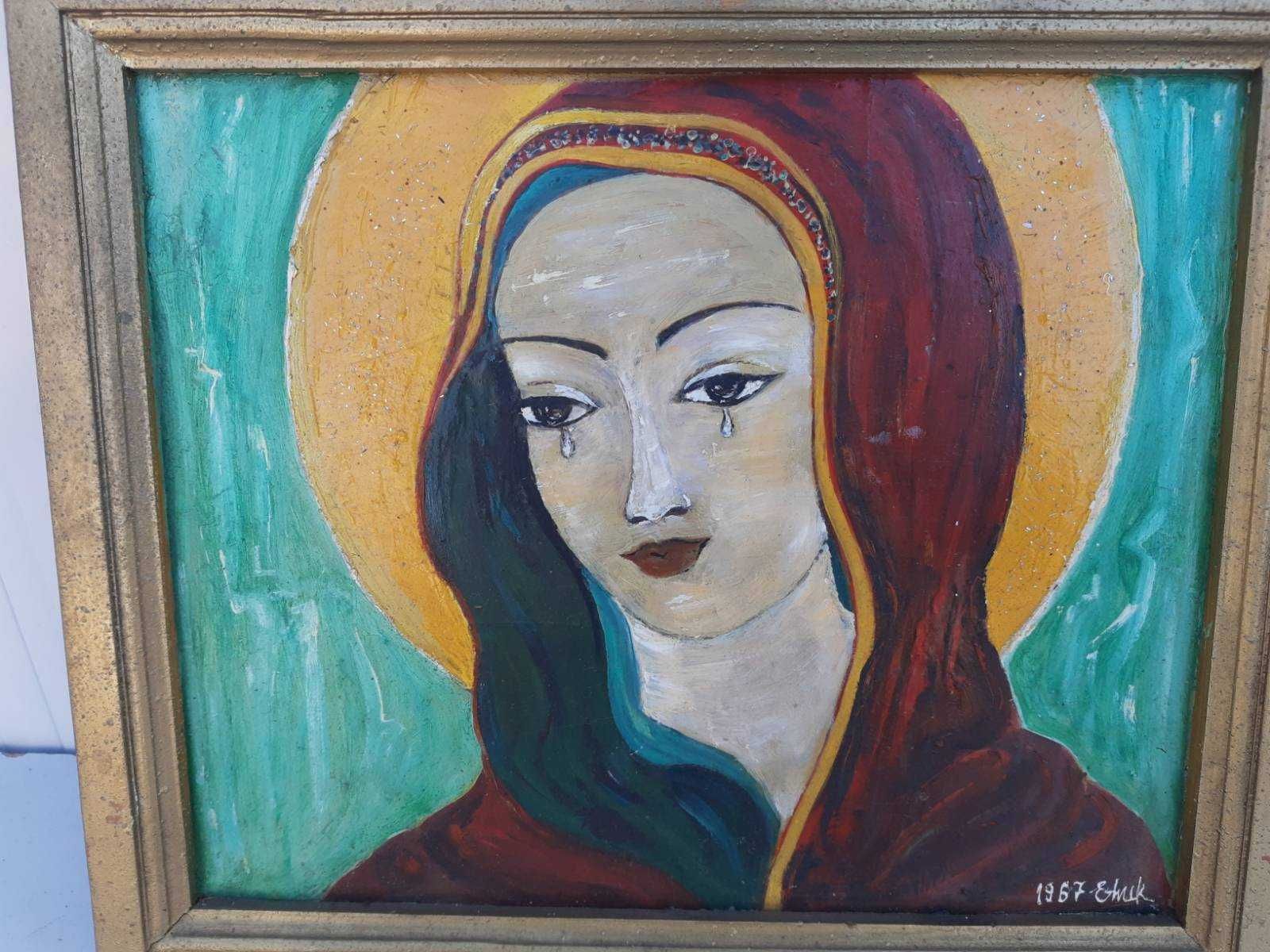 Старинна картина с рамка Елена Николова 1967г Плачещата Дева