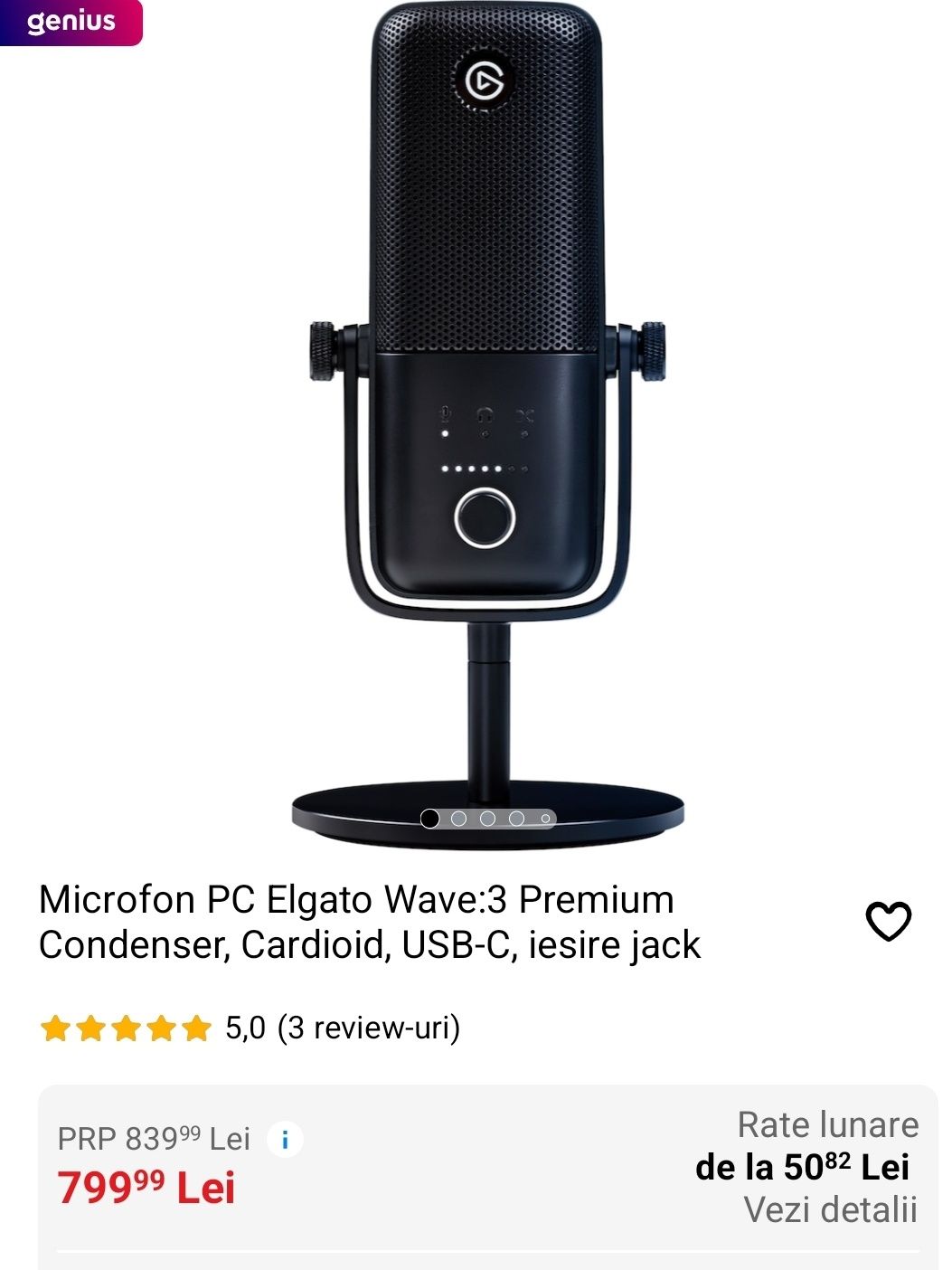 Microfon PC Elgato Wave:3 Premium Condenser, Cardioid, USB-C