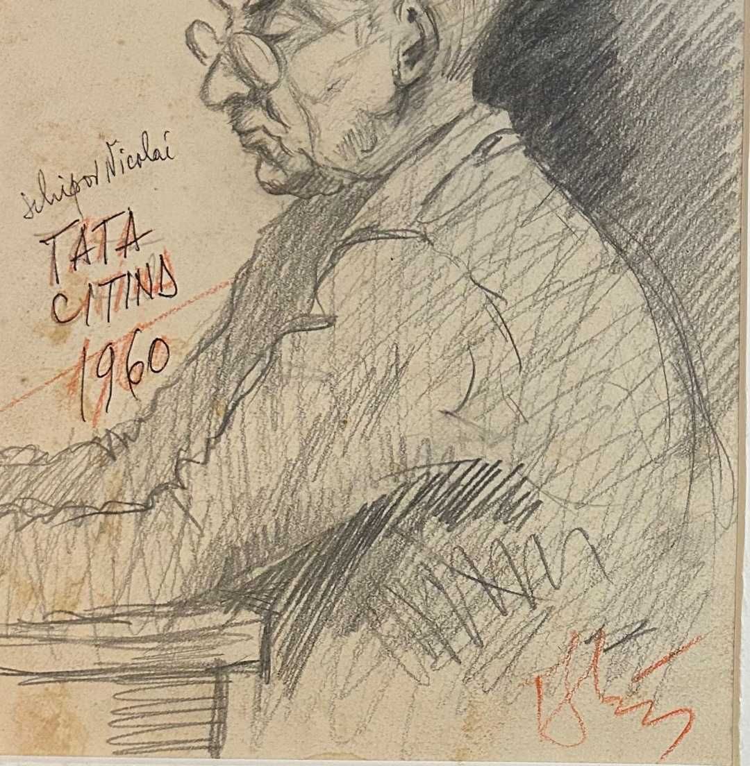 Tablou 1960 Portret Tata citind Grafica in creion inramat 33x41cm