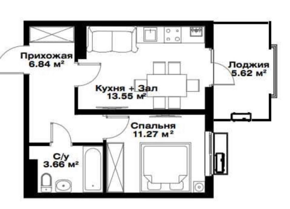 ЖК Assalom Bog'lar от Голден Хаус , квартира евродвушка. 40.9м2.