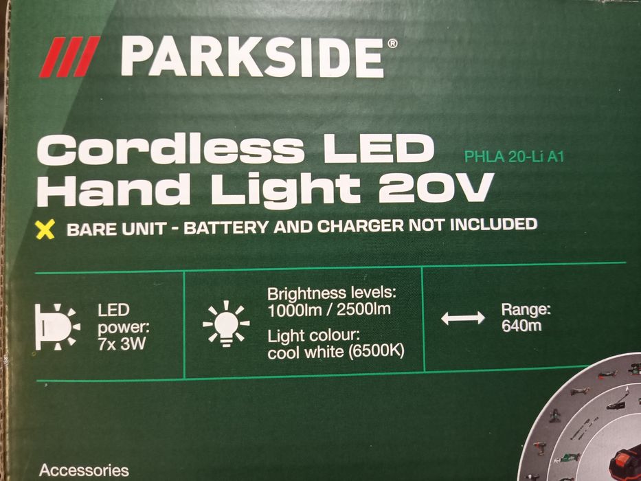 Parkside lanterna lampa proiector cu baterie 20V si auto 12V