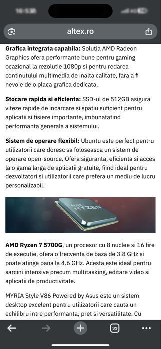 Sistem desktop MYRIA/RYZEN 7 5700G/8GB RAM/512SSD/grafica INTEGRATA