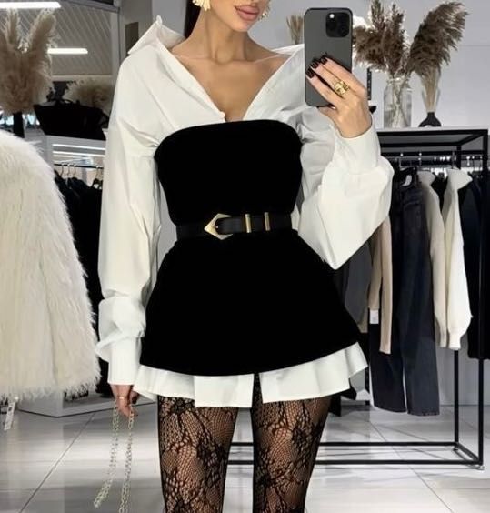 Чисто нова дълга риза с къса черна рокля