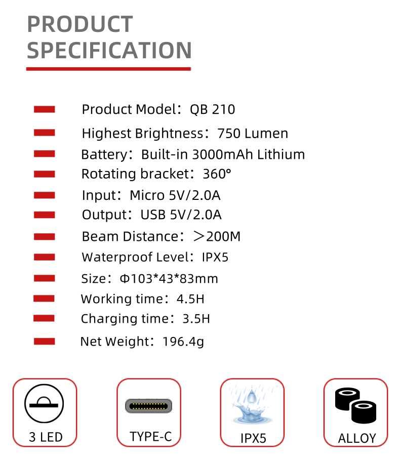 Far profesional 800 lumeni, 6 moduri, baterie 3000 mAh, aliaj aluminiu