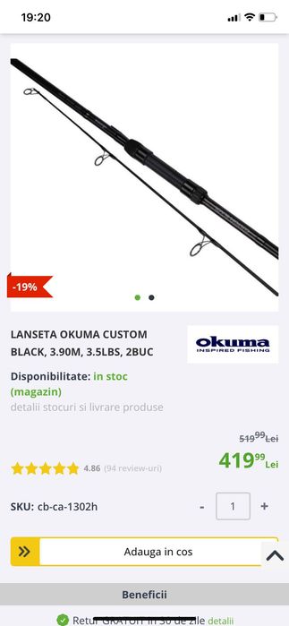 Vând 3 lansete Okuma Custom Black 3,90 m 3,5 lbs (2 tronsoane)