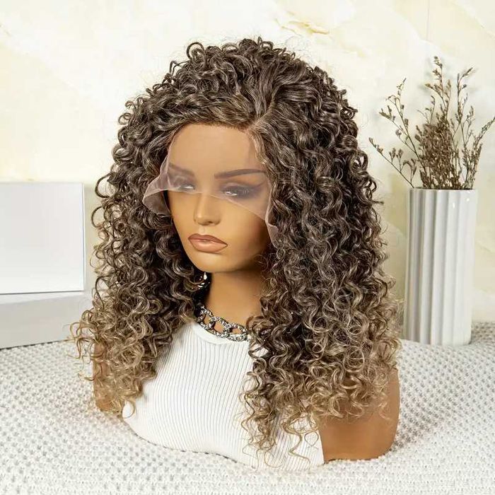 Тъмно руса омбре къдрава перука с руси краища лейс фронт 13*4*1