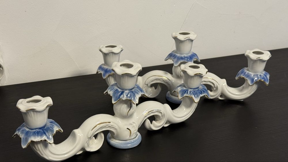 Suport lumanari din portelan albastru / stesnic vintage