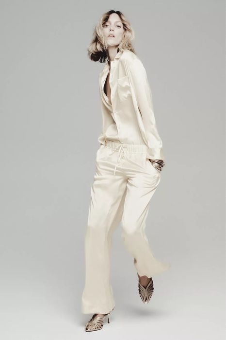 Zara set camasa si pantaloni matase naturala crem bej