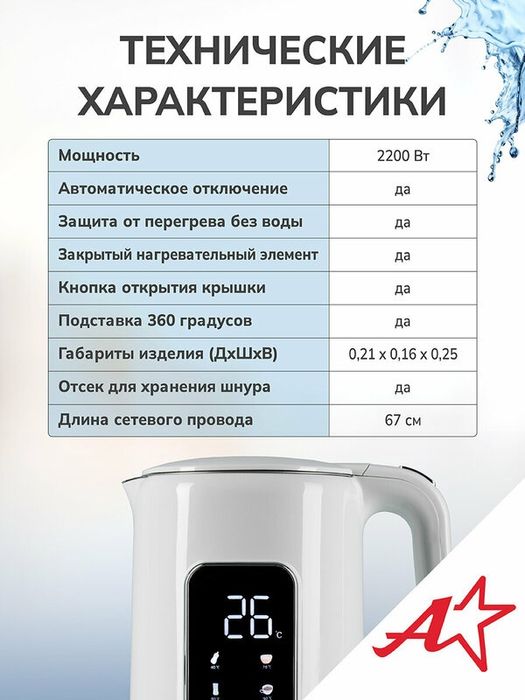 Электрический чайник Atlanta ATH-2539, двухстенный, 1.7л, 2200Вт, белы