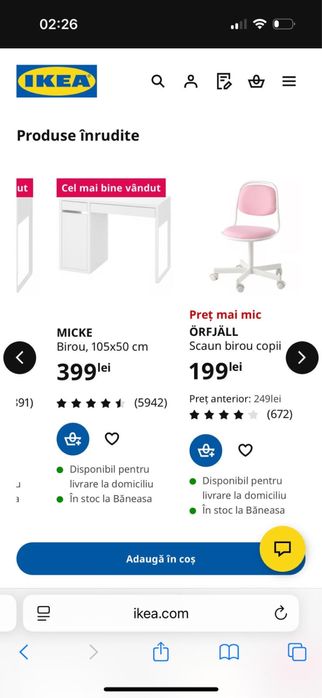 Birou copii Ikea Micke si scaun rotativ ajustabil inaltime