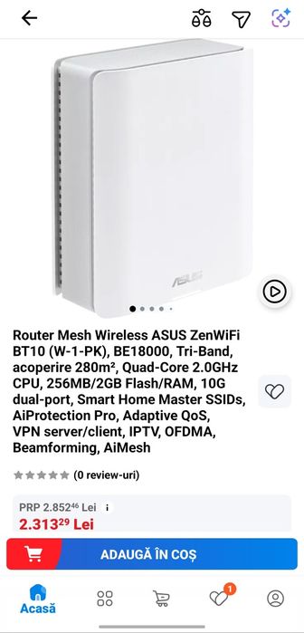 Router Mesh Wireless ASUS ZenWiFi BT10 (W-1-PK), Tri-Band, WIFI 7
