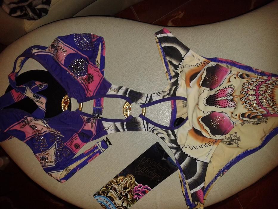 Costum de baie intreg monokini alb/mov cu imprimeu model geometric