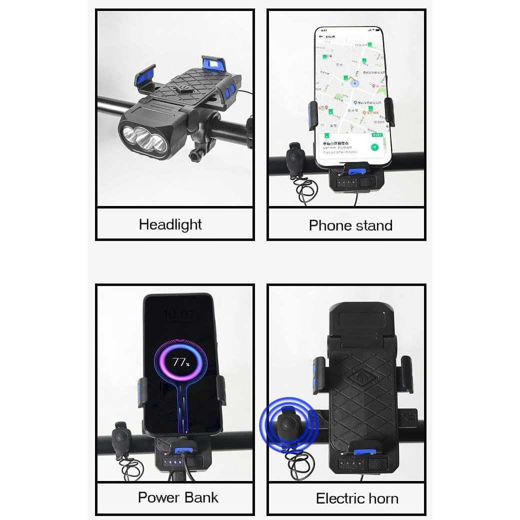 4 в 1 - Светлина за велосипед, Звънец, Поставка за GSM, Външна батерия