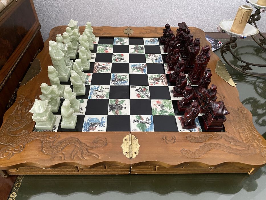 Sah Lemn Masiv Piese Piatra Steatit Vintage