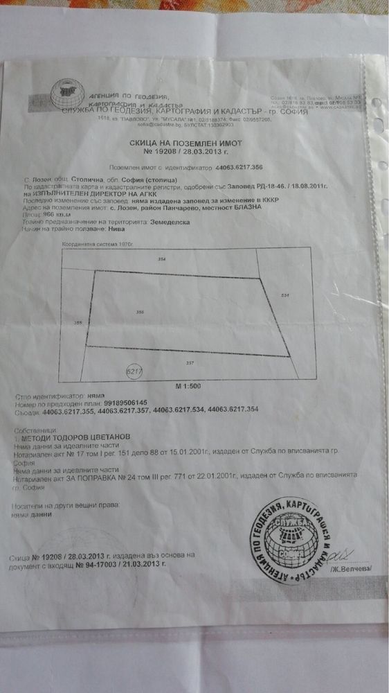 Продавам земеделска земя 966 кв.м Село Долни лозен
