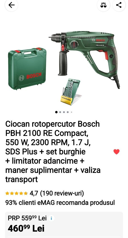 Ciocan rotopercutor Bosch PBH 2100 RE Compact, 550 W, 2300 RPM, 1.7 J