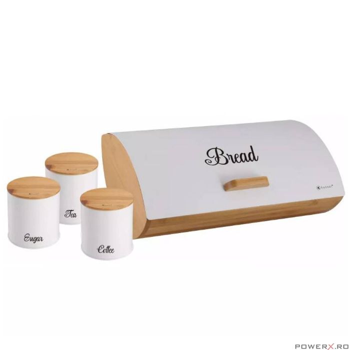 Set cutie paine din bambus cu capac otel si 3 recipiente pentru