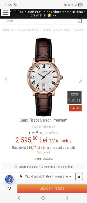 Ceas Tissot Carson Premium 30 mm automatic, nou