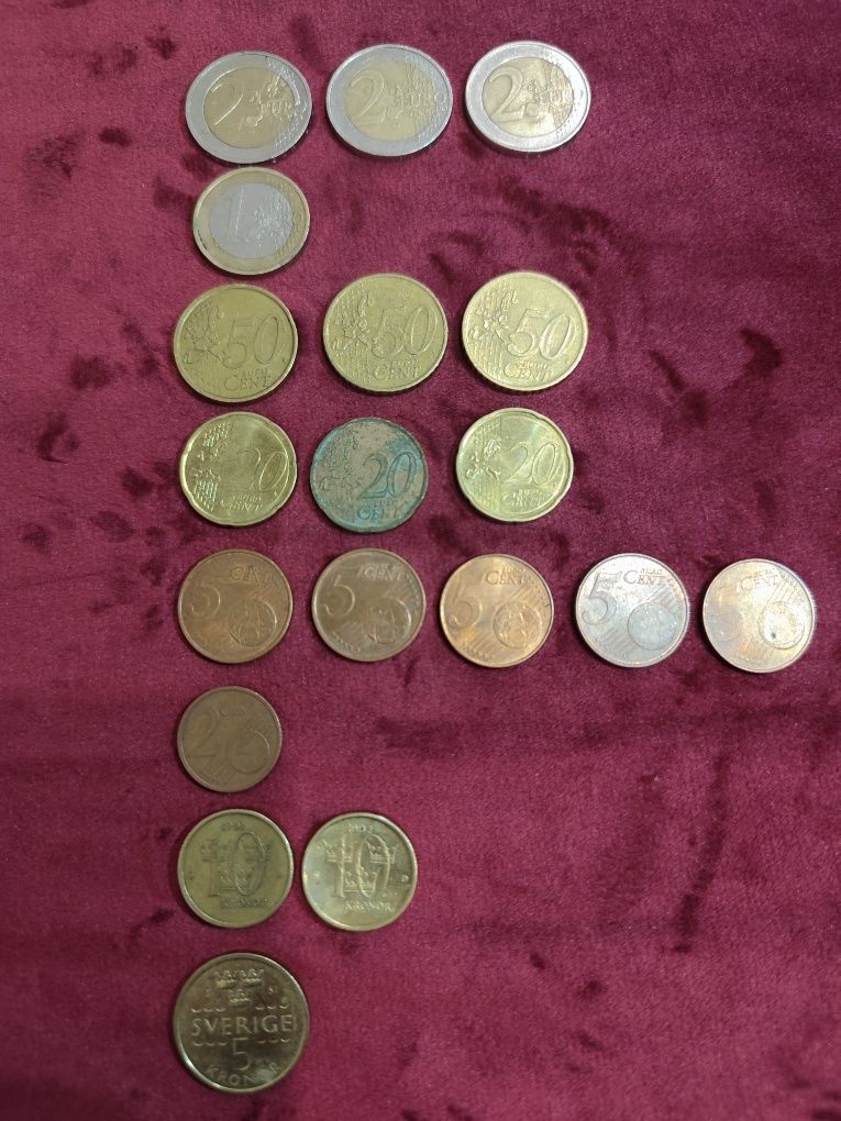 Monede vechi 2€ 10€ 50cent 20cent 2 cent 10Kronor 5Kronor