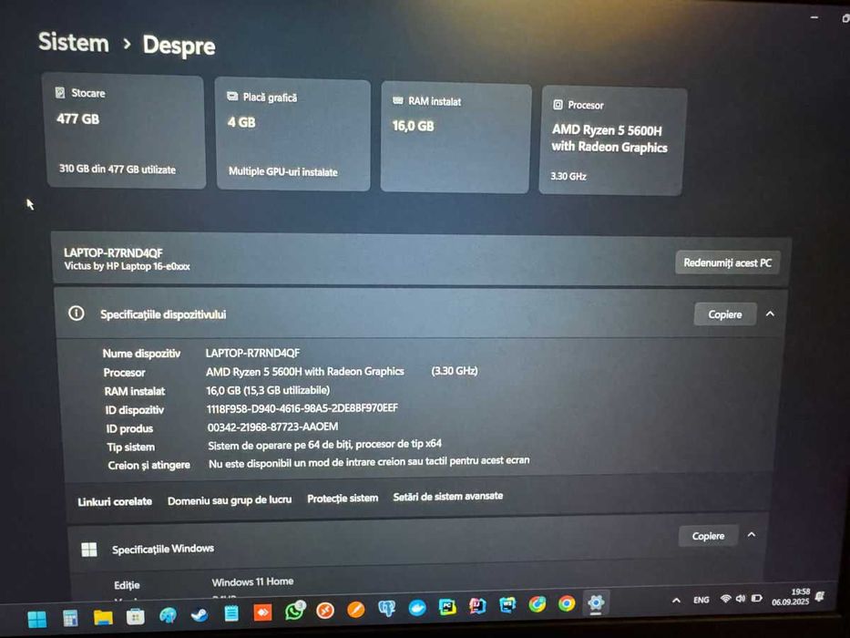 Vând HP Victus 16 16RAM Ryzen 5