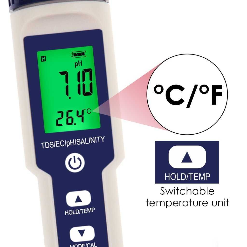 5-в-1 тестер за pH,TDS,EC, соленост, температура, WQM-303