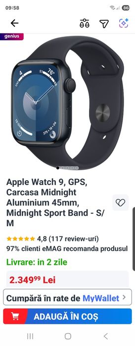Apple Watch 9, GPS, Carcasa Midnight Aluminium 45mm, Midnight Sport Ba