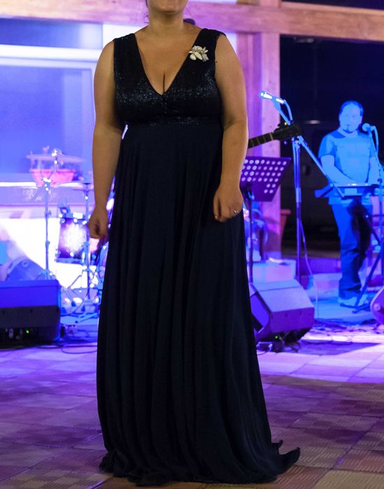 Rochie ocazie bleumarin, voal si paiete, 42