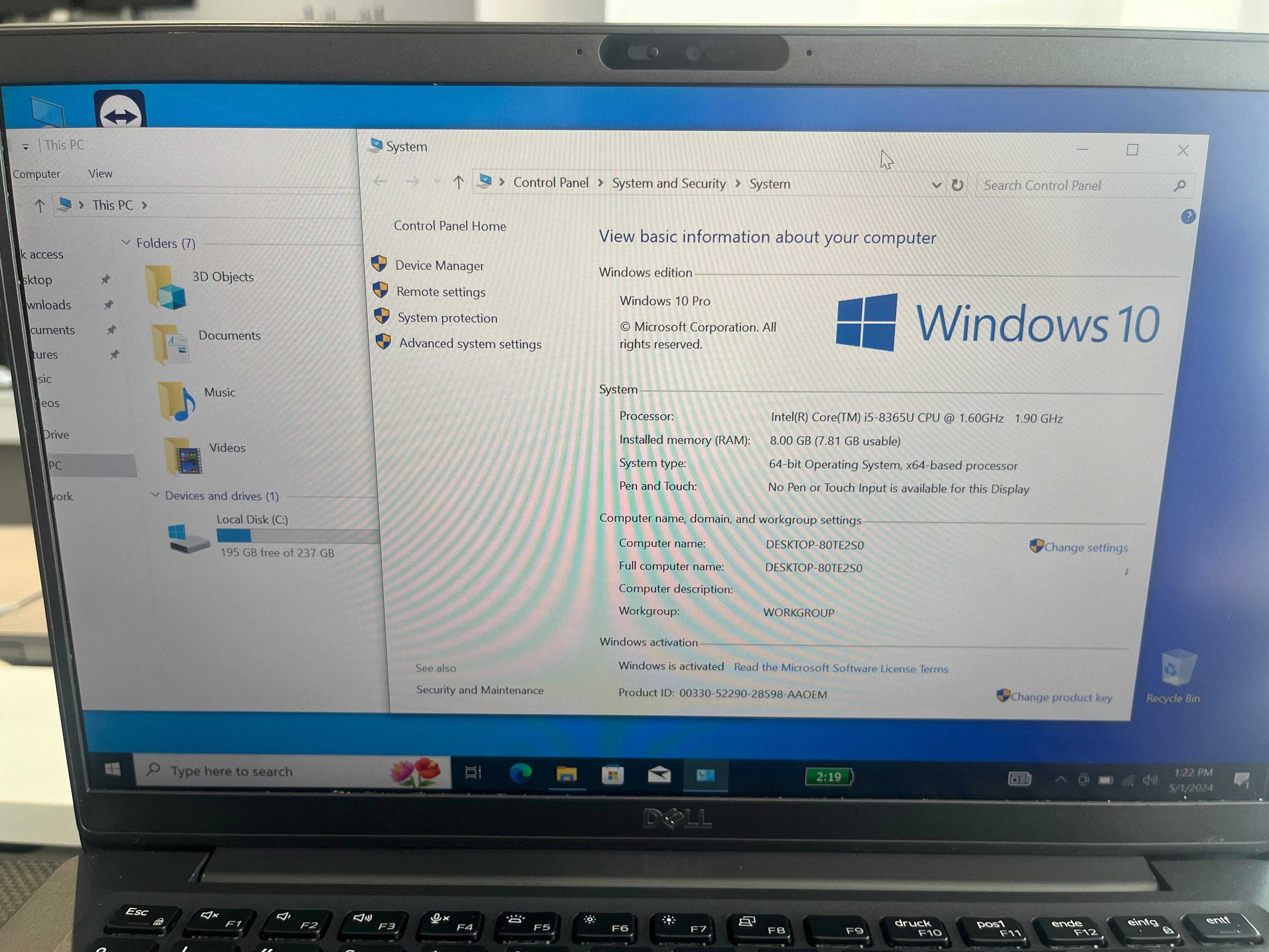 Dell Latitude 7400 i5-8365u-8Gb Ram-256Gb Ssd