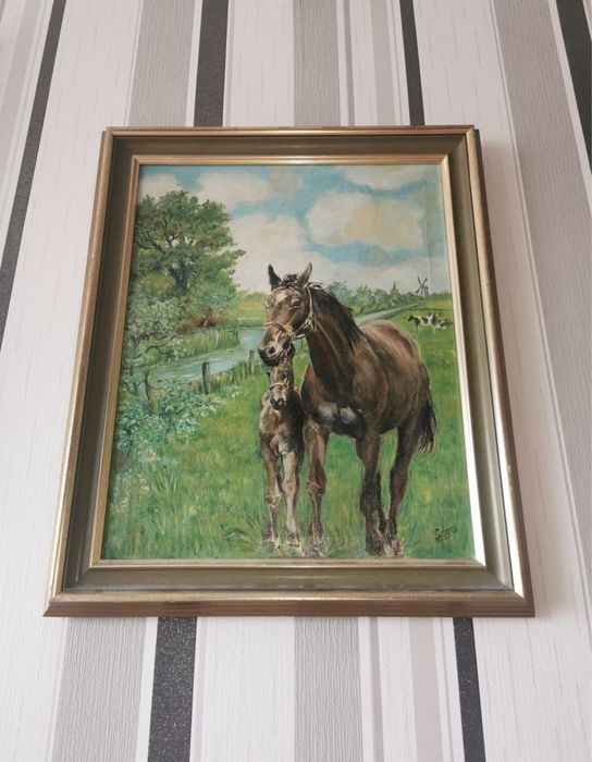 Антикварна картина летен пейзаж коне кобила жребче маслени бои платно