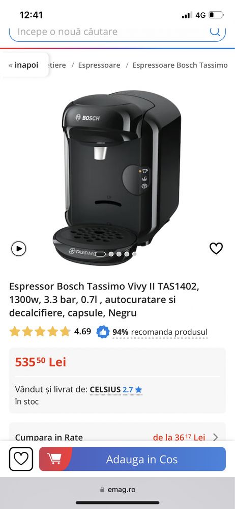 Espressor Bosch Tassimo Vivy II TAS1402, 1300w, 3.3 bar, 0.7l