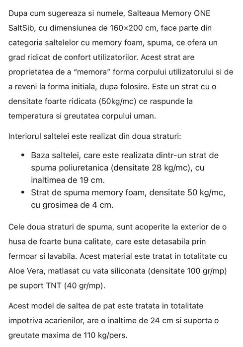 Vând Saltea Saltsib Memory One 160x200x23