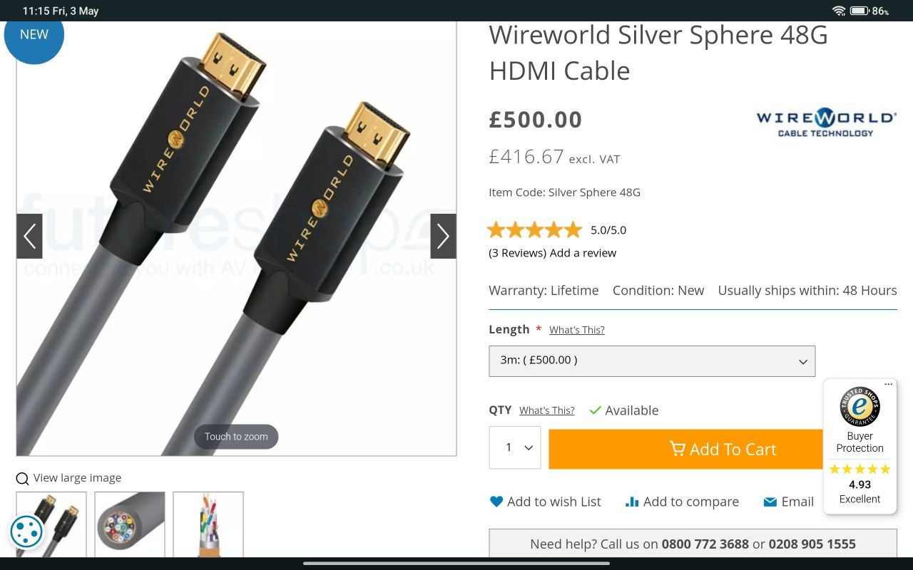 Wireworld Silver Sphere 48G HDMI Cable 3 Метра Като Нови 2 Броя