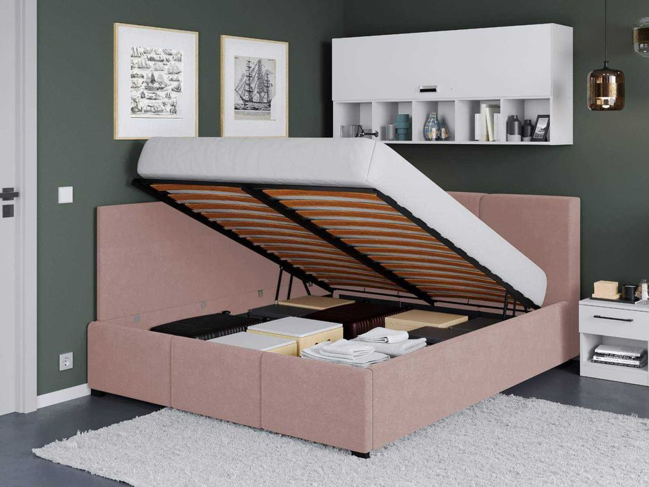 Pat Tapitat de colt Avelis Roz cu somiera rabatabila