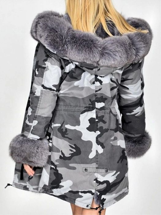 Geaca / haina Parka blană naturala Army camuflaj gri
