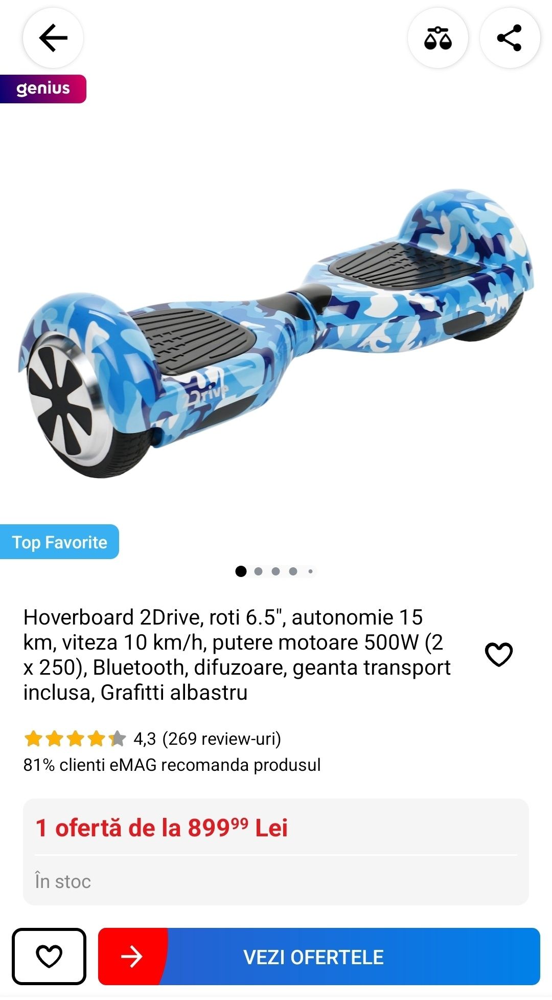 Hoverboard 2 drive, roti 6,5 inch, autonomie 15 km, putere motoare 500