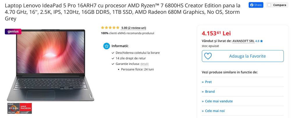 Laptop Lenovo IdeaPad 5 Pro 16ARH7 AMD Ryzen™ 7 6800HS Creator Edition