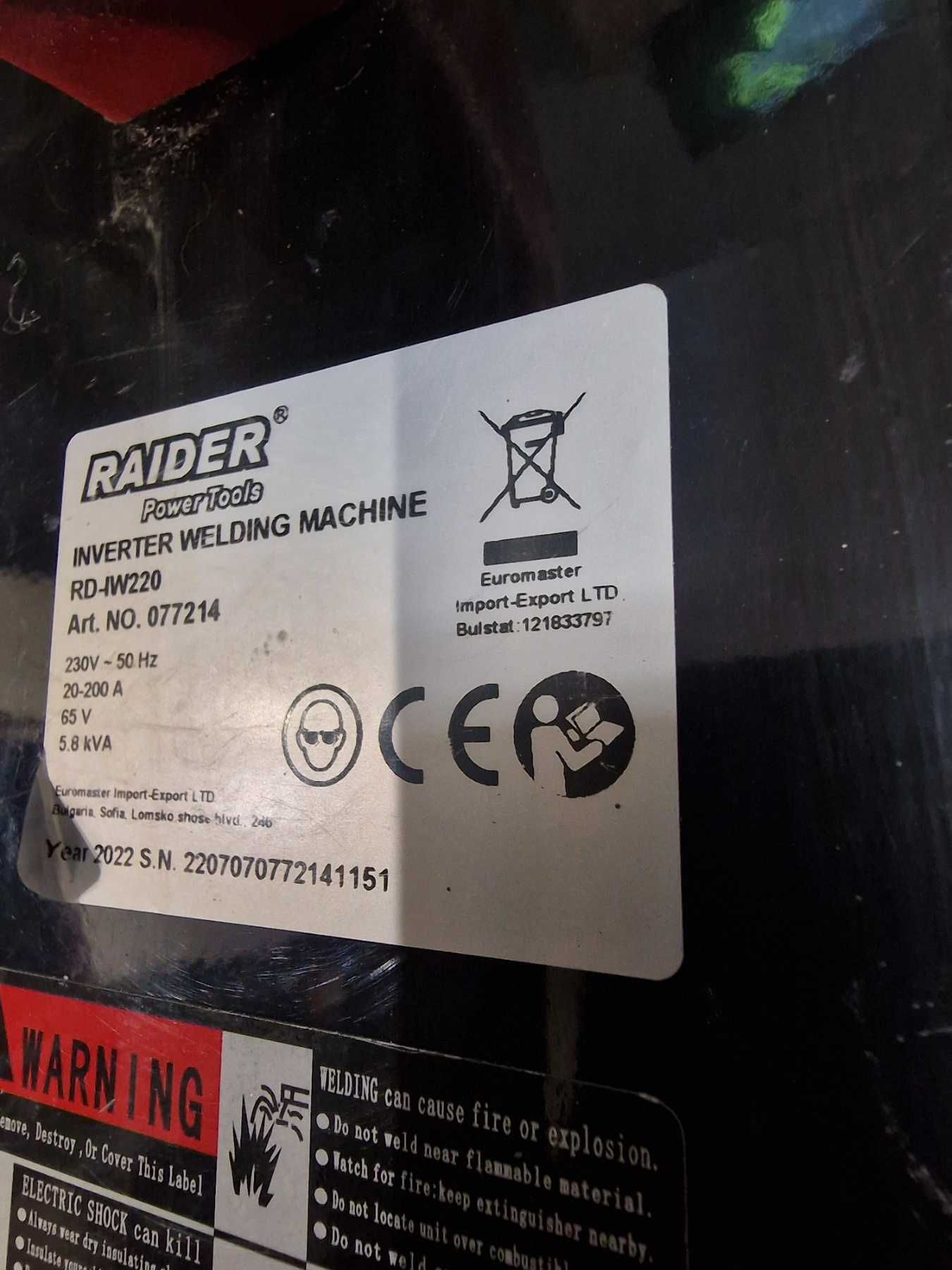 Инверторен електрожен Raider RD-IW220, 200 A, 1.5 - 4 мм