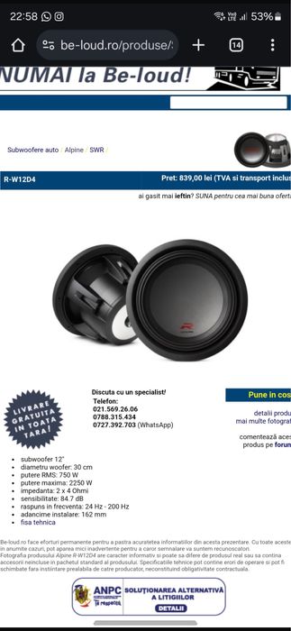 vand subwoofer+statie alpine