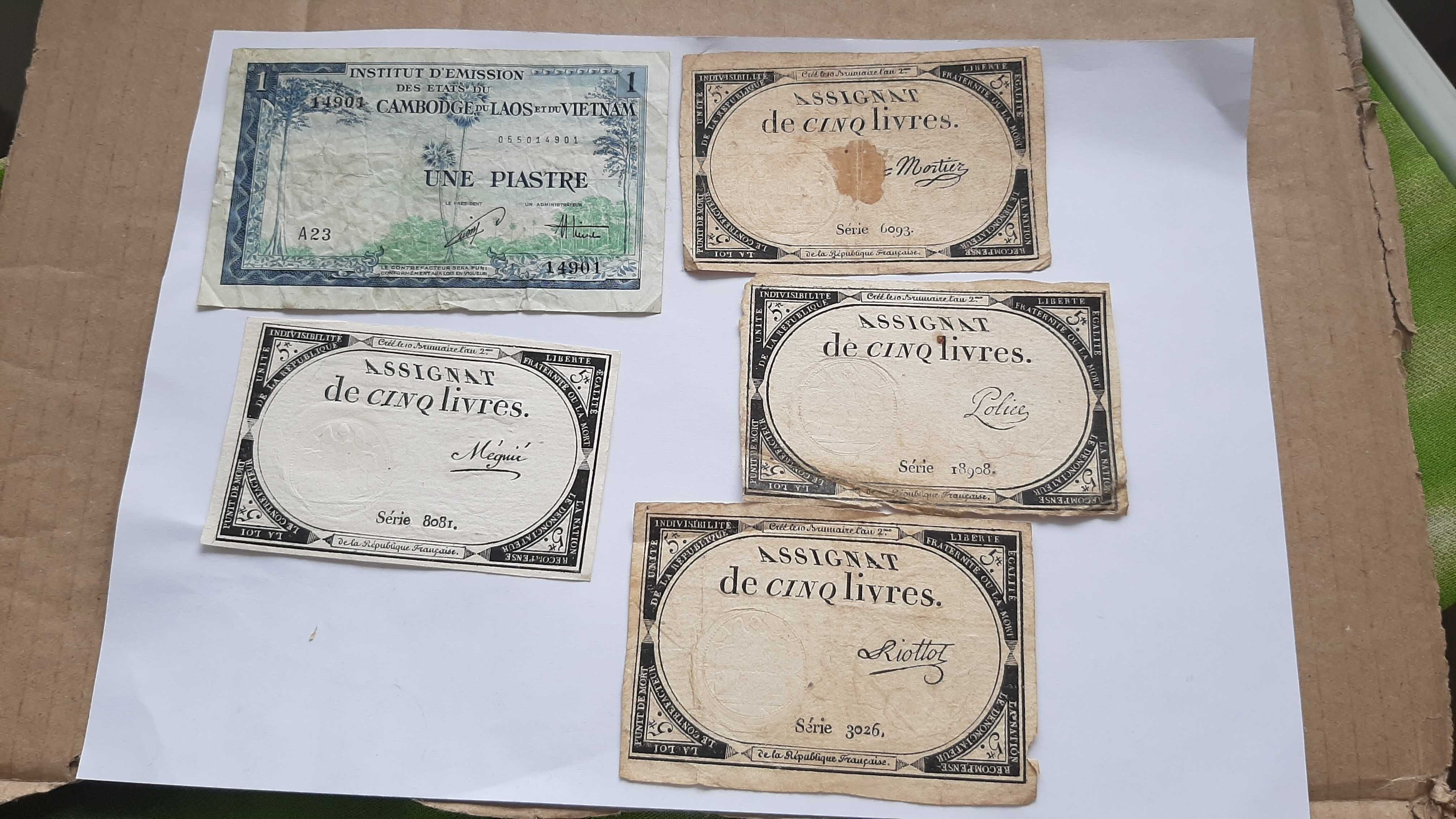 Lot bancnote Indochina Franceza 1 piastre + 4 bancnote x 5 livres 1793