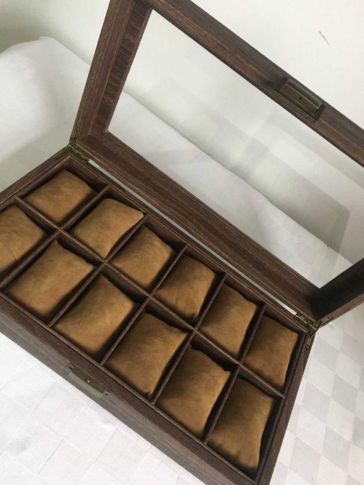 Cutie Caseta Depozitare Ceasuri Lemn îmbrăcată Piele pentru 12. NOU