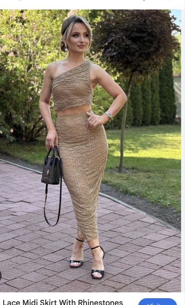 Fusta noua,midi Zara, bej caramel, incretita , cu piete ,S