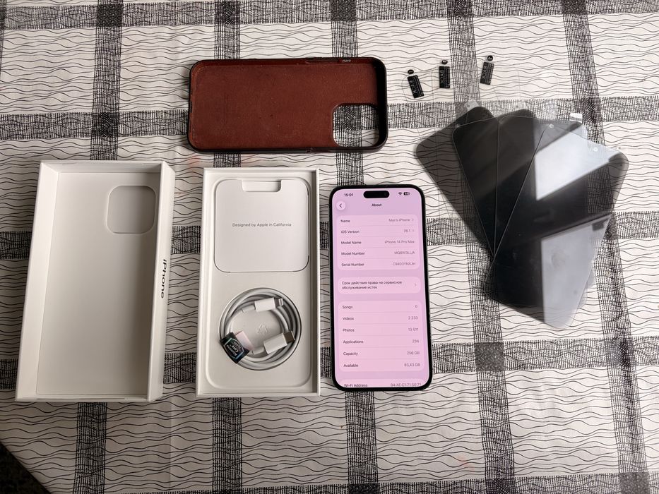 iPhone 14 PRO MAX 256 eSim + ориг кожен калъф + 7 скрийн протектора