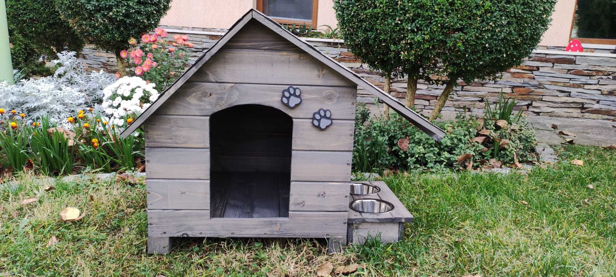 Къща за куче със стряха + купи;Колиба за кучета;Къщи за кученца- Сива