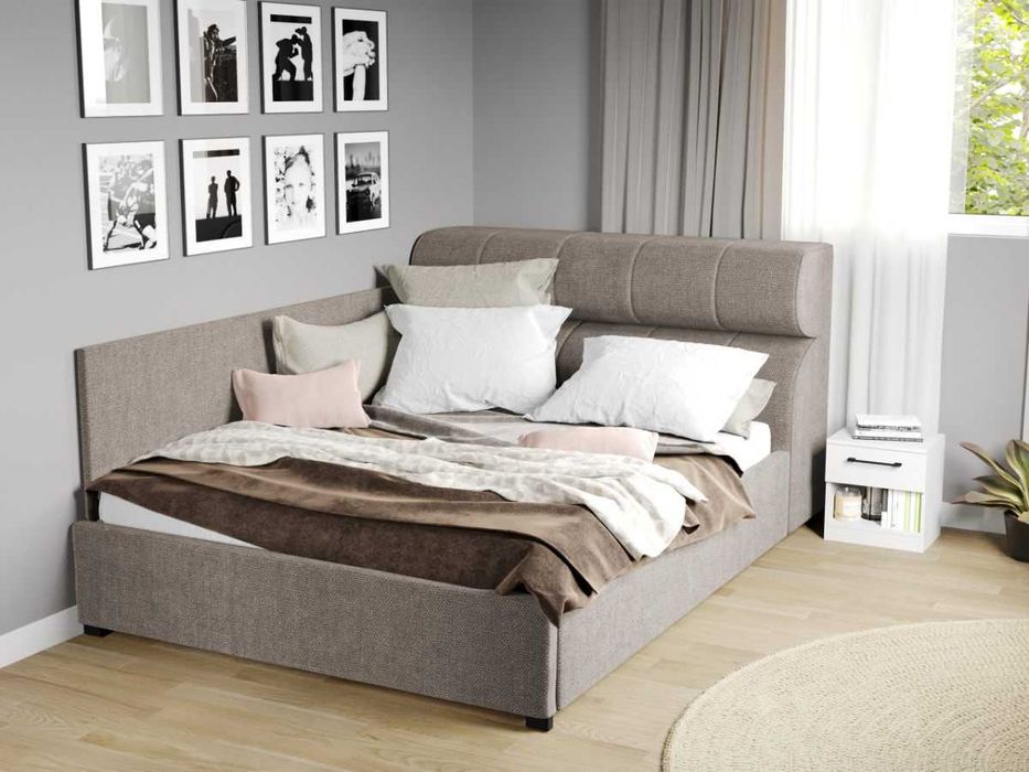 Pat Tapitat colt Galileo Bej cu somiera rabatabila+lada de depozitare